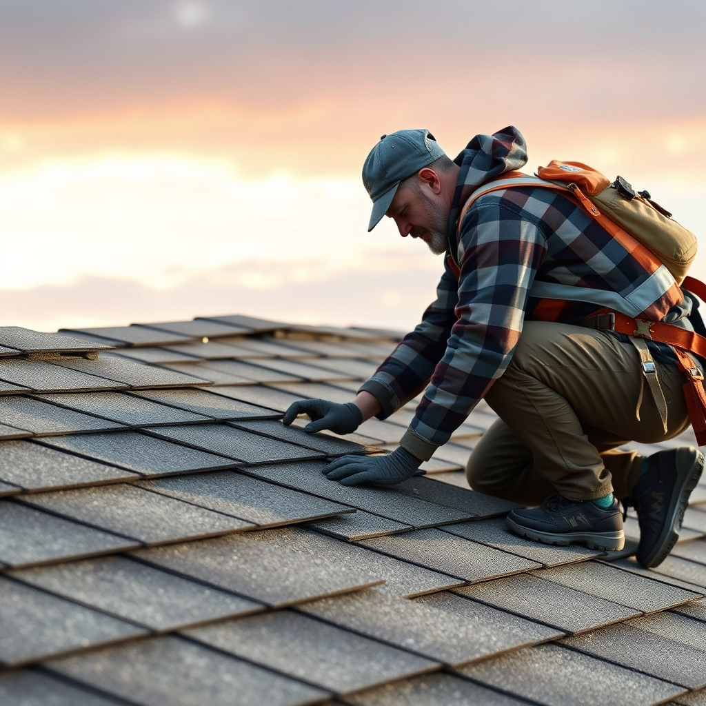 A roofing specialist inspecting an asphalt shingle roof