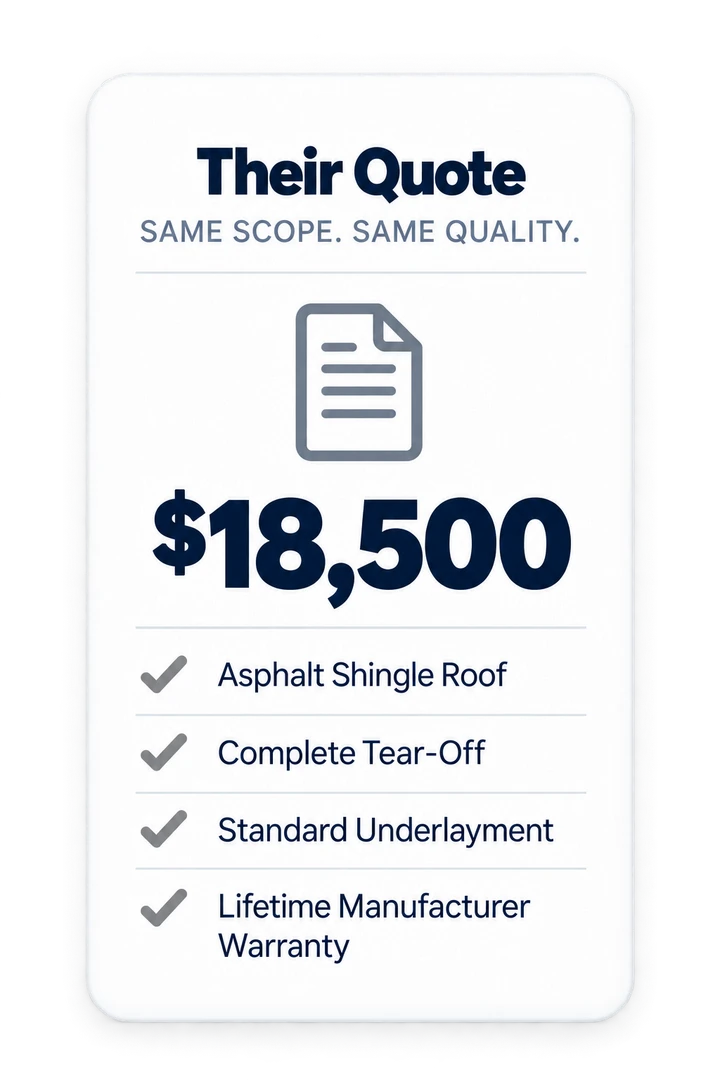 Their Quote, same scope, same quality: $18,500 for an asphalt shingle roof, complete tear-off, standard underlayment and a lifetime manufacturer warranty