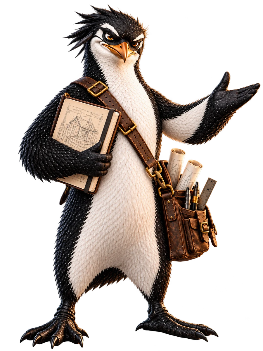 Hux, the SimpliRoofs penguin, in a leather tool bag with a sketchbook under one wing, presenting the two quotes