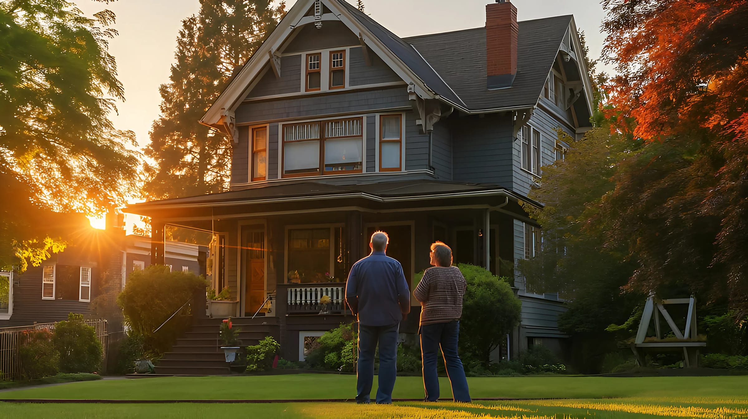 A couple standing in front of their home at dusk, looking up at a newly installed roof