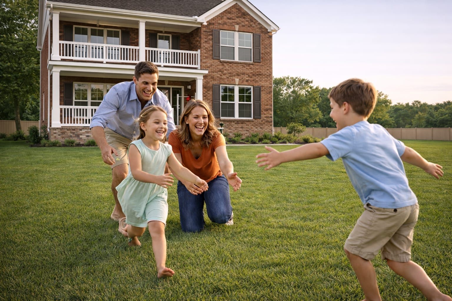 A family playing in the yard in front of their brick home with a new roof