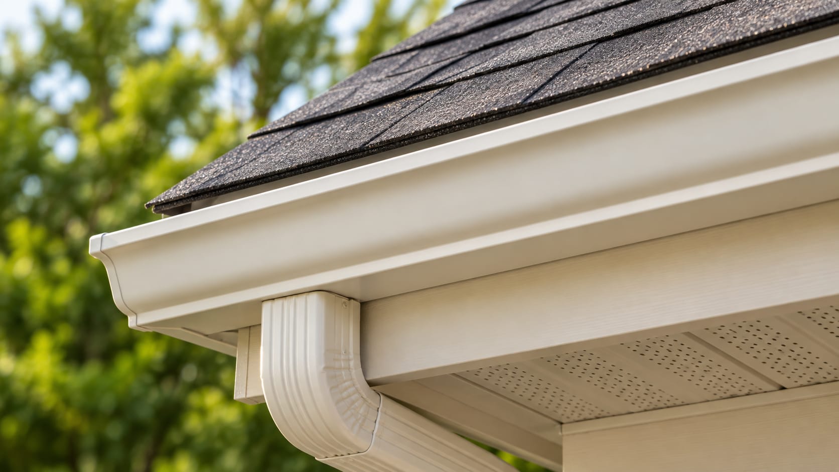 Detail of a new drip edge, seamless gutter and vented soffit under freshly installed shingles