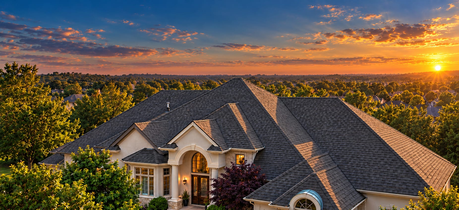 A newly replaced architectural shingle roof on a home in the Kettering, Ohio area at golden hour
