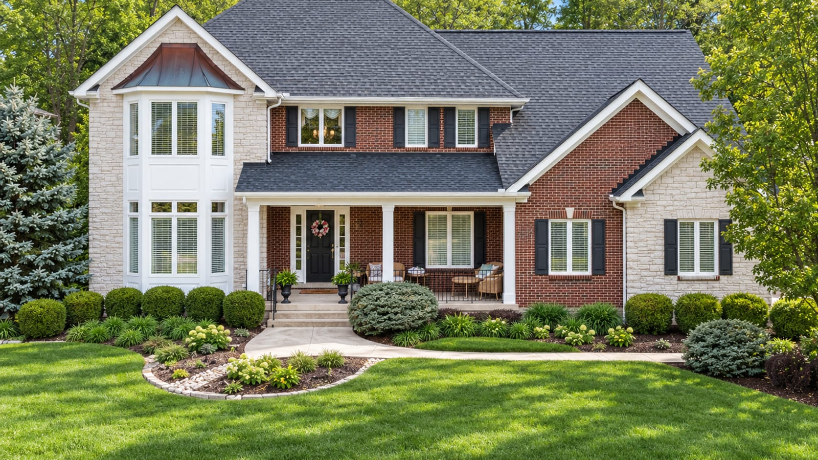 Front view of a brick and stone home with a new charcoal architectural shingle roof