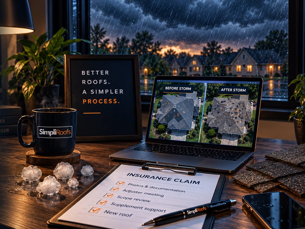 A laptop showing before-and-after storm scans of a roof beside an insurance claim checklist, hail on the desk