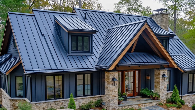 A craftsman home with a charcoal standing-seam metal roof