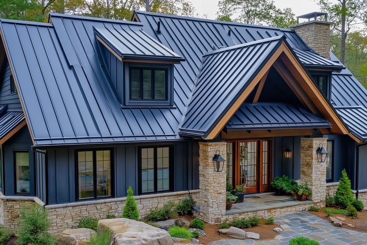 A craftsman home with a charcoal standing-seam metal roof and a gabled dormer