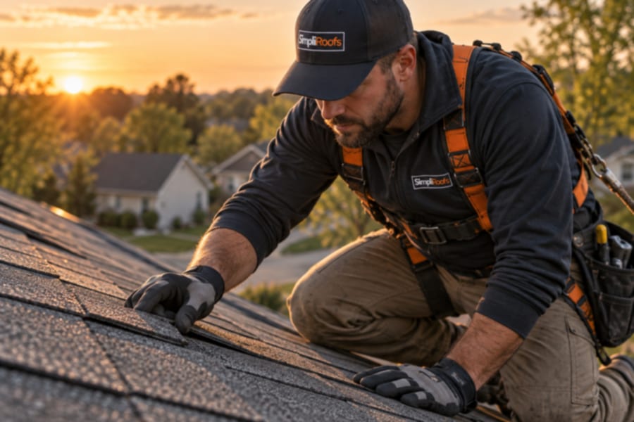 A SimpliRoofs specialist inspecting shingles on a roof at sunset