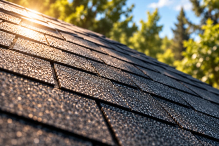 Close view of architectural shingles catching the afternoon sun