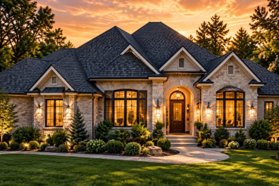 A stone home at sunset with a new charcoal architectural shingle roof