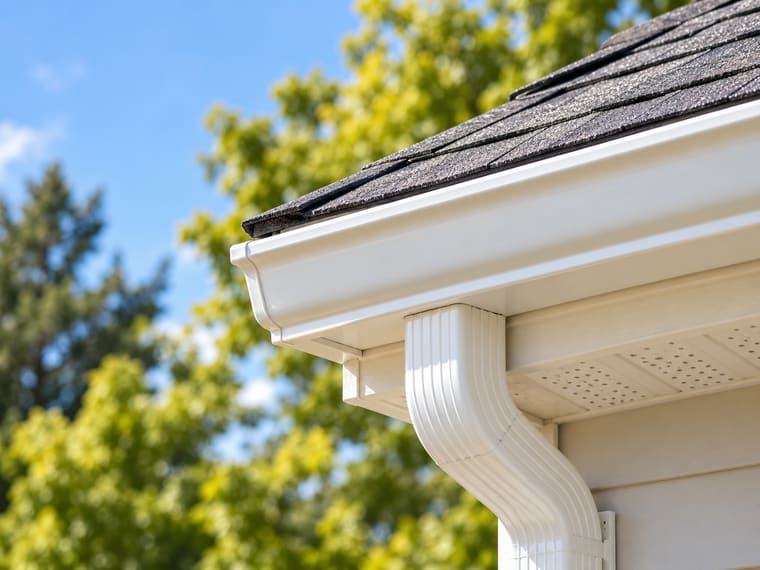 A new white gutter and downspout under a shingle roof edge