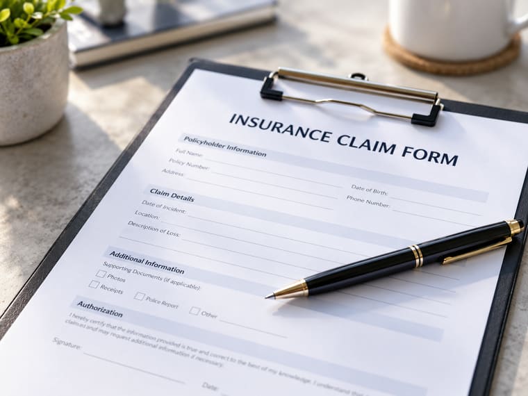 An insurance claim form on a clipboard with a pen