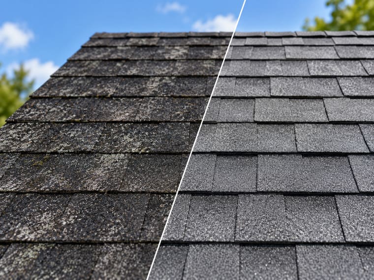 Shingles before and after rejuvenation, split down the middle