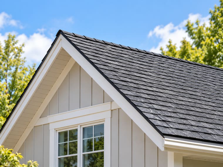 A new charcoal architectural shingle roof on a white board-and-batten gable